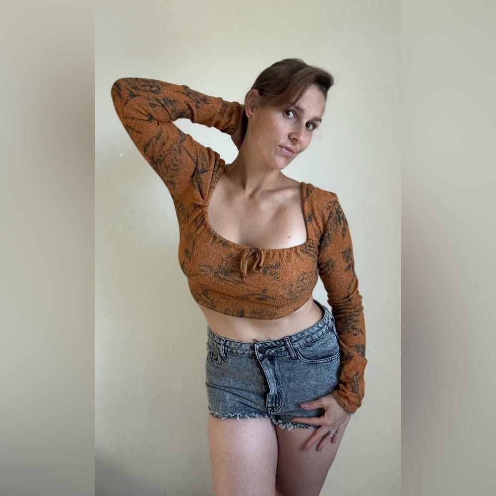 Urban Outfitters Floral Long Sleeve Crop Top Burnt Orange